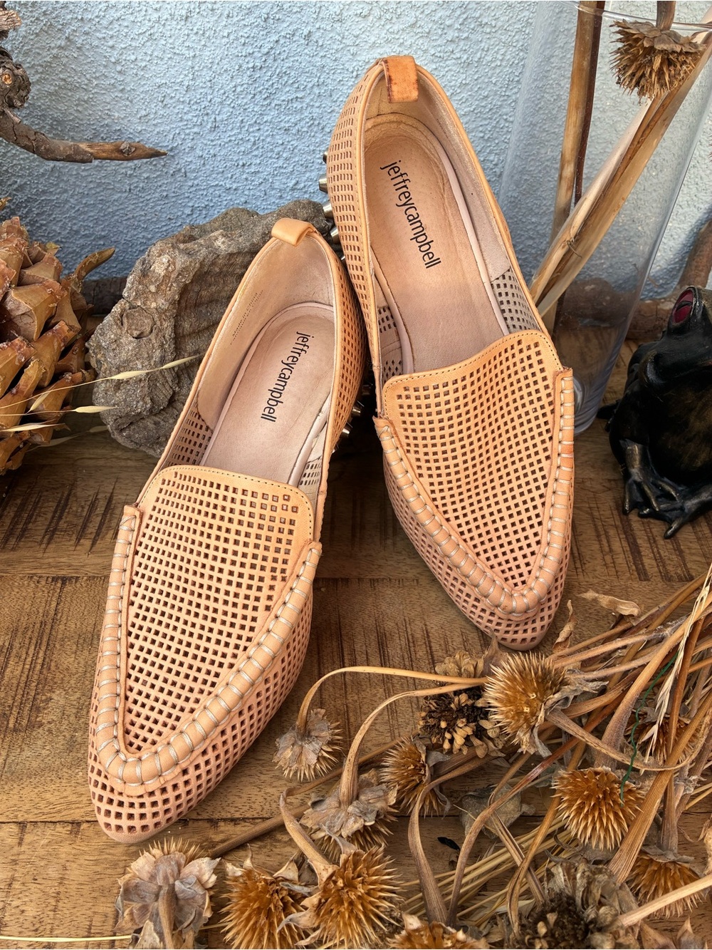 Jeffrey Campbell Women's Tan Leather Pointed Perforated Loafers